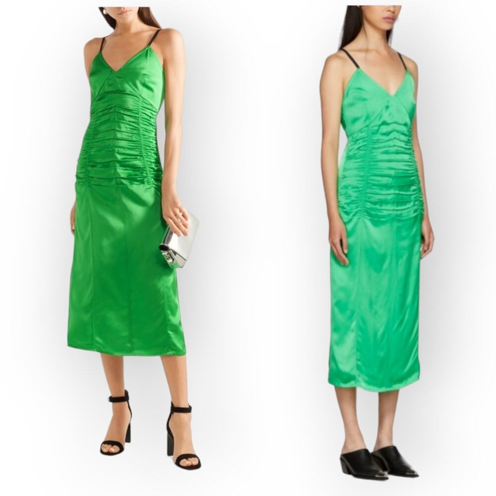 Helmut Lang Green Ruched Stretch-Satin Midi Dress 12 Cocktail Party Elegant Chic